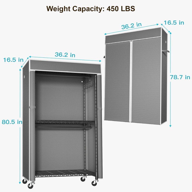 FUTASSI Black Clothing Rack with Dark Gray Cover, P1C Rolling