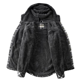 Shawnda Men's Sherpa Hooded Flannel Jacket Cotton Button Down Shirt Jacket Plaid Grey Medium