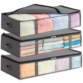 Lifewit 90L Under Bed Storage Containers 3 Pack, Foldable Clothing Storage Bags with Front Clear Window, Closet Organizers and Storage for Towels, Clothes, Blankets, Grey