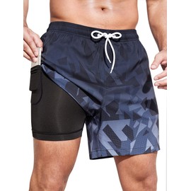 SILKWORLD Mens Swimsuit Trunks 2 in 1 Quick-Dry Bathing Suits Beachwear Swimming Shorts with Zipper Pockets,Gradient Black Gray,Large