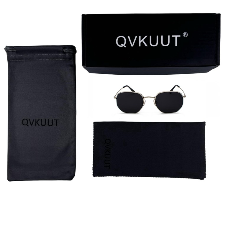 QVKUUT Retro Polygon Sunglasses for Men and Women, Silver/black