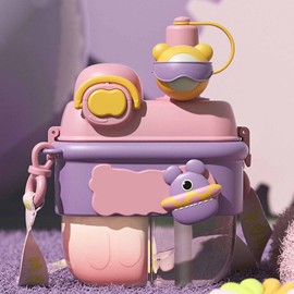 Cute Water Bottle Double Chamber 500ml with Straw Sticker Adjustable Shoulder Strap Leakage Proof Travel Water Bottle for Kids Pink