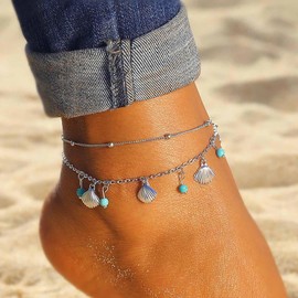 Inateannal Multilayer Shell Anklet Turquoise Beads Anklet Golden Shell Anklet Beach Turquoise Anklet Shell Tassels Anklets Summer Anklet Foot Jewellery for Women, Zinc