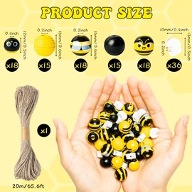 Eartim 121Pcs Bee Wood Beads Colorful Painted Bee Round Beads Rustic Farmhouse Wooden Bead with 65.6 Feet Twine Natural Wood Beads Craft DIY Spring Summer Holiday Party Hanging Ornament Decor Supplies