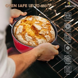 ROSSETTO 6QT Dutch Oven Pot with Lid, Ceramic Dutch Oven with Silicone Assist Handle Holder, Dishwasher Safe, Oven Safe, Non-Stick & Non-Toxic Bread for Baking, Brasing, Soups, Red
