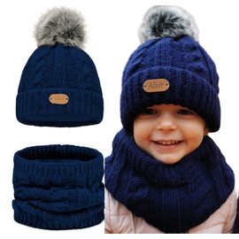 Alur Children's Unisex Beanie with Loop Scarf Set Winter Hat Knitted Hat with Bobble - Warm Elastic Elegant Winter Hat Scarf Eko Bobble Hat - Soft Yarn Stylish Warm, navy