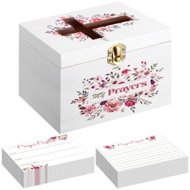 CroBlissful Prayer Request Box with 100 Pcs Prayer Cards 6.3 x 4.3 x 4 Inches Wooden Distressed Request Box for First Communion Christian Thanksgiving (Flowers)