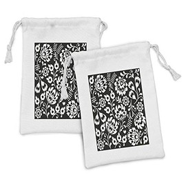 Ambesonne Folk Art Fabric Pouch Set of 2, Monochromatic Polish Traditional Botanical Motifs Flowers with Peduncles, Small Drawstring Bag for Toiletries Masks and Favors, 9" x 6", Charcoal Grey White