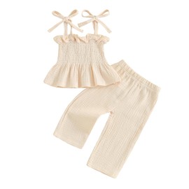 Toddler Baby Girls' 2pcs Outfits Solid Color Sleeveless Tunic Top Boho Linen Pants Set Girls Summer Clothes (Beige, 3-4T)