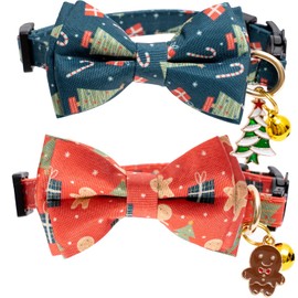 2 Pack Cotton Christmas Cats Collar with Bow Tie Red Green Cat Collars for Girl Female Boy Male Cat Collar with Bell Gingerbread Man Christmas Trees Charms