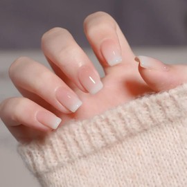 24pcs Short Square False Nails Press on Fake Nail, Nude Pink, White Ombre
