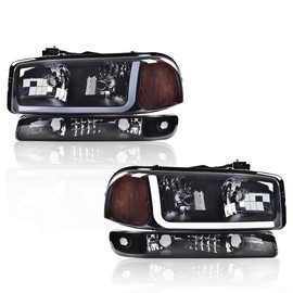 CROSSDESIGN LED DRL headlights Compatible with GMC Sierra 1500 1999-2007/Fits GMC Sierra 1500HD 2500HD 3500 2001-2007/Fits GMC Yukon 1999-2006 bumper Headlamp Smoky lens Black Housing Amber Reflector