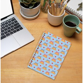 KRHFG Blue Checkered Croissant Spiral Notebook, Croissant Lover Gifts Journal, Cute Coquette Bow Bread Journals for Writing, Blue and White Plaid Notebooks for Note Taking, 5.5x8.3 Inch