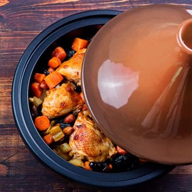 KooK Moroccan Tagine, Enameled Cast Iron Cooking Pot, Tajine with Ceramic Cone-Shaped Closed Lid, 3.3 QT, (Terracotta)