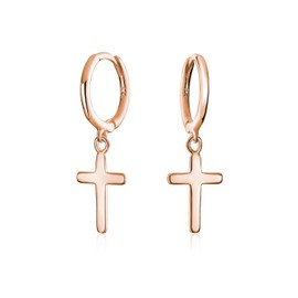 Small Plain Religious Dangling Charm Cross Mini Hoop Huggie Earrings For Women Men Teen Rose Gold Plated .925 Sterling Silver