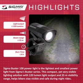 Sigma Buster 100 Power Helmet Light for Night Rides, 120 Lumen, 35 m Beam Range, Six Light Modes, Flexible Mounting, 360° Adjustable Bracket, IPX4