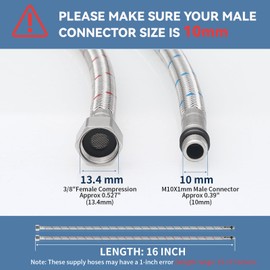 Homevacious 16-Inch Long Bathroom Kitchen Faucet Connector Braided Supply Hose 3/8-Inch Female Compression Stainless Steel Sink Faucet Connection Thread x M10 Male Connector x 2 Pcs (1 Pair)