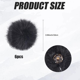 SOFPLATE 6Pcs Black Faux Fur Pom Pom Balls Fuzzy Hat Pompoms with Metal Button 3.94 Inch Fibre Fluffy Crochet Detachable Craft Handmade Accessories for DIY Hats Shoes Scarves Bags Charms Decoration
