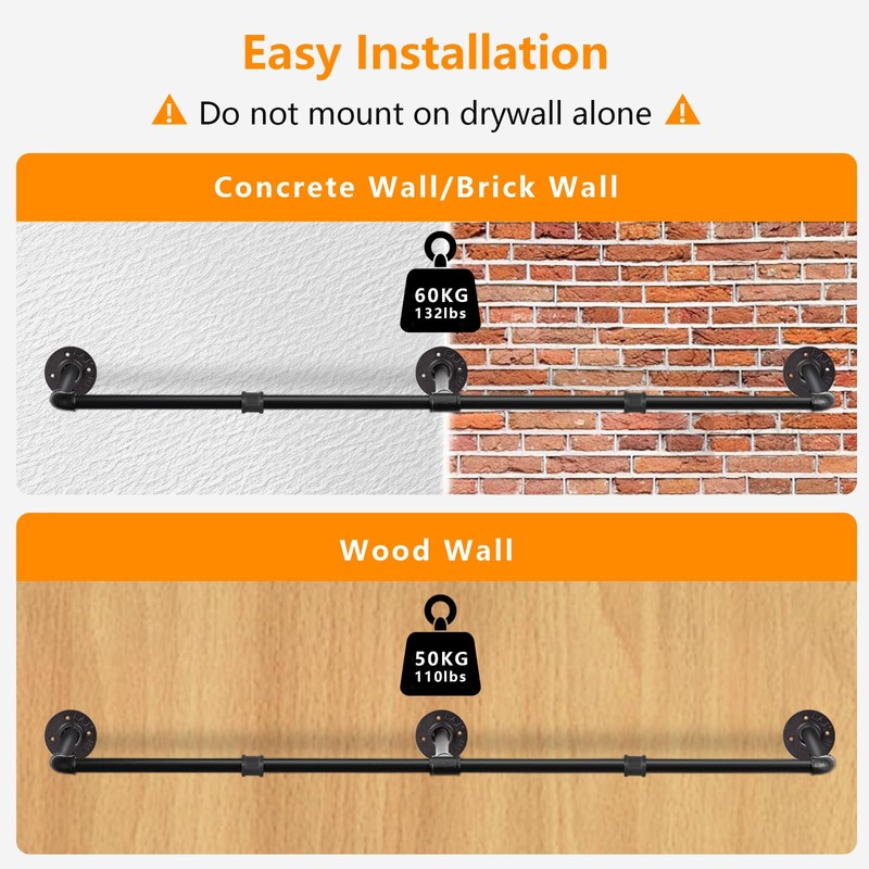 Aduanbang 64.9in Industrial Pipe Wall Mounted Clothes Rack, Heavy Duty