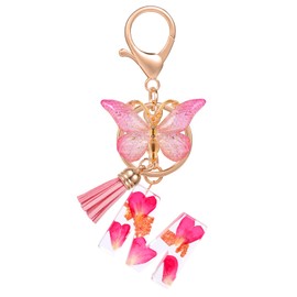 MWOOT Initial Letter Keychain Fashion Pink Key Ring,Alphabet Petals Gold Foil Resin Keyring Charm with Butterfly Tassel Pendant,Key Chain for Women Girls Kids Gift Bag Handbag Decoration(M)