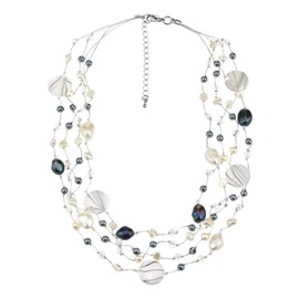 AeraVida Vibrant Cultured Freshwater White-Silver Pearl and Zebra Pattern Mother of Pearl Sterling Silver on Silk Thread Statement Necklace | Silk Thread Necklaces for Women