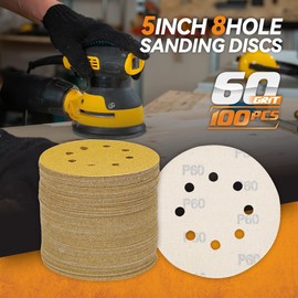 ABRAPRO 5-Inch 8-Hole Hook and Loop Sanding Discs, 60 Grit Gold Sanding Disc, Random Orbital Sandpaper for Automotive and Woodworking, 100-Pack