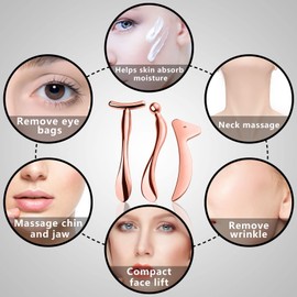 KOIBITO Paquete de 3 palillos de masaje facial de metal, varita aplicadora de crema de ojos, juego de herramientas de raspado Gua Sha, reduce la hinchazón y reafirma la piel (oro rosa)