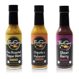 Fresco Sauce - Hot Sauce Bundel - Fire Roasted Jalapeno - Serrano Peppers - Chipotle & Habanero - Chipotle Peppers - Habanero Peppers - Ghost Berry - Ghost Peppers - Blackberry - Cranberry Juice - Flavorful - All Natural- Vegan - Gluten Free - 5 fl oz … (Fave Trio)