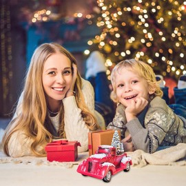 Vintage Red Truck Christmas Decor | Vintage Red Pickup Truck Model with Tree - Christmas Knick Knacks Table Centerpieces, Red Truck Christmas Wreath for Table Shelf