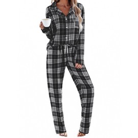 Ekouaer Womens Pajama Sets 2 Piece Cotton Plaid Pjs Long Sleeve Sleepwear Button Down Lounge Set with Pockets