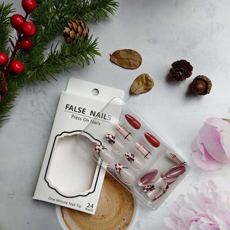 Fall Press on Nails Short Almond Pumpkin Fake Nails Brown