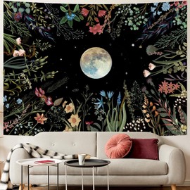 Amhokhui Moonlit Garden Tapestry Moon Tapestry Flower Tapestry Colorful Plants Tapestry Black Tapestry Wall Hanging Decor for Room
