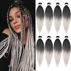 Pre-Stretched Braiding Hair Extensions Ombre - 26 inch 8 Packs Synthetic Crochet Braids, Hot Water Setting Professional Soft Yaki Texture (26inch,T1B/Silver)