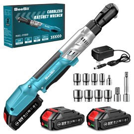 Seesii Cordless Electric Ratchet Wrench 3/8：Brushless Motor, 21V, 66 ft-lbs Torque, 250 RPM, 2x2.0Ah Batteries, 3" Extended Bar, 8 Sockets & Adapters (1/4" & 1/2")"