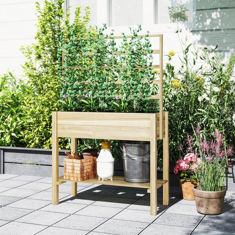 Outsunny Wooden Raised Garden Bed with Trellis, Elevated Planter Box