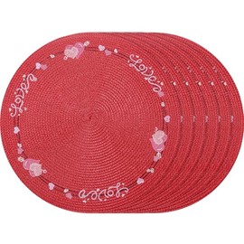Juego de 6 manteles individuales para el día de San Valentín, decoración de mesa para interiores con corazón rojo bordado redondo para el hogar, boda, granja, fiesta, cocina, comedor