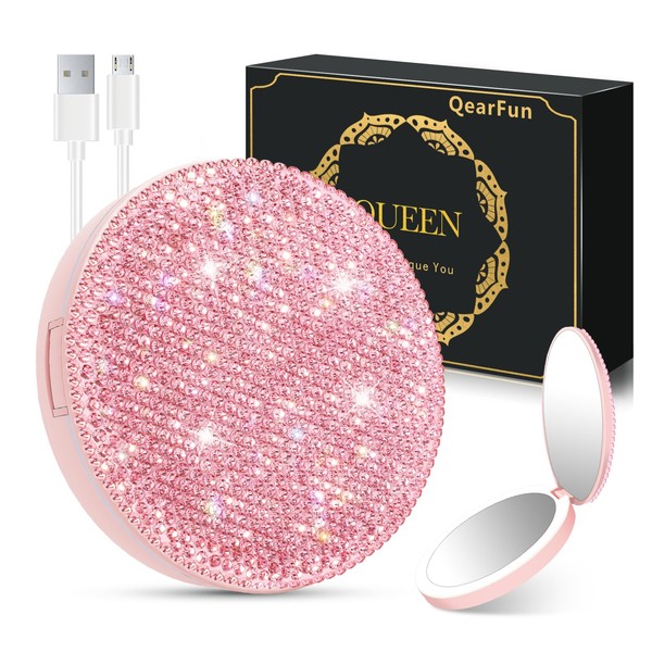 QearFun Luxurious Rhinestone LED Lighted Compact Mirror, Bling Portable Travel Makeup Jeweled Mirrors, 3.5 inch Rechargeable Mini Magnifying Pockets Mirror with Lights, Sparkly Beauty Gifts for Women