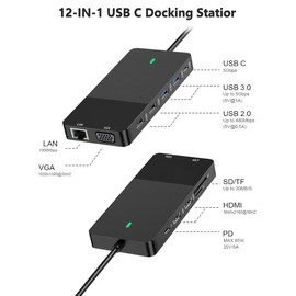 12-in-1 USB-C Docking Station: Dual 4K HDMI, VGA, Gigabit LAN, 100W PD Charge, 4 USB Ports, SD/TF Card Reader for MacBook/Windows/Laptop