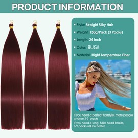 24 Inch Straight Hair Extensions 150 g 3 Packs Bone Straight Braiding Hair, Red Ariel Straight Ponytail Hair Bundles, Ombre Soft Synthetic Crochet Box Braids for Women (BUG#)