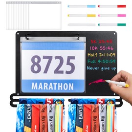 Moxweyeni Race Medal Display, Wall Mounted Medal Hanger with Chalkboard Marker Running Bib and Medal Holder Hanging Medal Rack Display Square Shape Medal Holders with Bib Holder