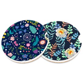 Neidius Multicolor Flowers Car Coaster for Cup Holders,Watercolor Briar Blossom Universal Anti Slip Ceramic Coasters with Finger Notch Cute Car Interior Accessories for Women 2 Pcs