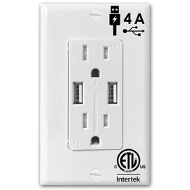 4 Amp Dual USB Charger Tamper Resistant Duplex Receptacle 15 Amp Electrical Outlet White with Wall Plate