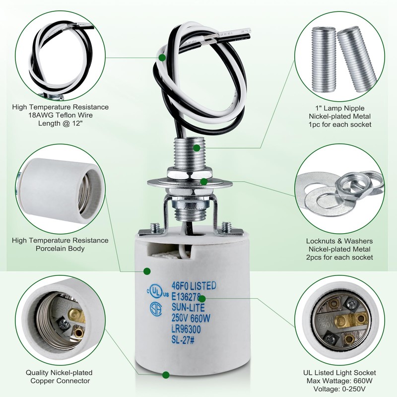 E26 Light Socket,Standard Medimun Screw Bulb Socket Lamp Holder,E26 Porcelain
