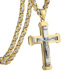 FULULAY Men's Stainless Steel Large Jesus Christ Crucifix Cross Pendant Necklace With Byzantine Chain 22 24 26 inch,Gold