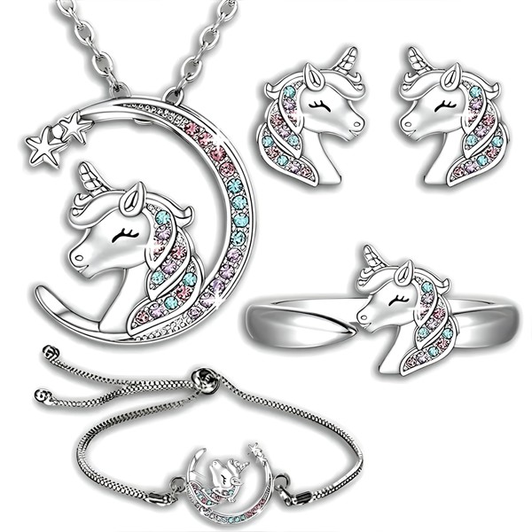 Unicorn Crystal Jewelry Set, Moon Necklace, Earrings, Ring and Bracelet,