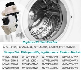 Washer Drain Pump Assembly W11399437 W11259498,Compatible with Whirlpool Maytag Kenmore Crosley WTW5100HC1 WTW5000DW3 WTW5057LW0 Drain Pump replace Washing Machine