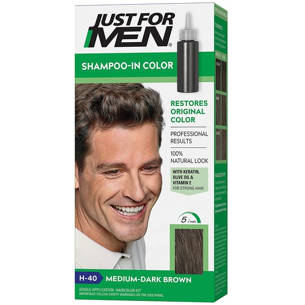 Just For Men Shampoo-In Color (Formerly Original Formula), Gray Hair Coloring for Men - Medium-Dark Brown, H-40 (Packaging May Vary)