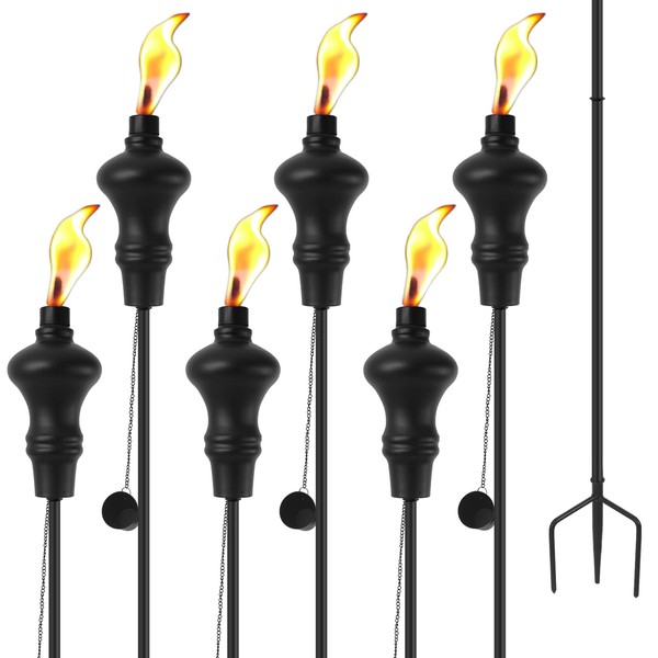 SNOGSWOG Upgraded Outdoor Garden Torches Set of 6, 59 Inch Metal Torches with 3-Prong Grounded Stake, Outside Citronella Torches for Backyard, Garden, Patio