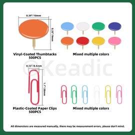 Keadic 1000Pcs Vinyl-Coated Thumbtacks & Paper Clips Jumbo Paper Clips for Office School