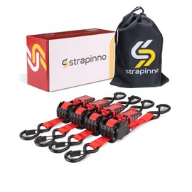 Strapinno 4pcs Retractable Ratchet Straps Bundle 1in x 6ft Ratchet Tie Down with Rubber Coated Steel Handle, S Hooks, Breaking Strength 1500 lbs Each (Red Strap, Black Coated Buckle)